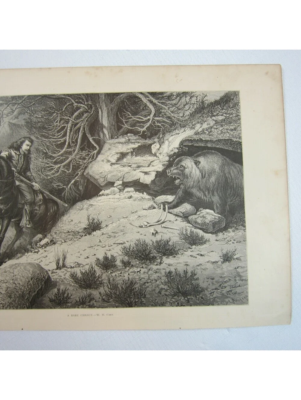 Antique 1874 Engraving Print A Bare Chance by W.M. Cary Aldine Western & Indian
